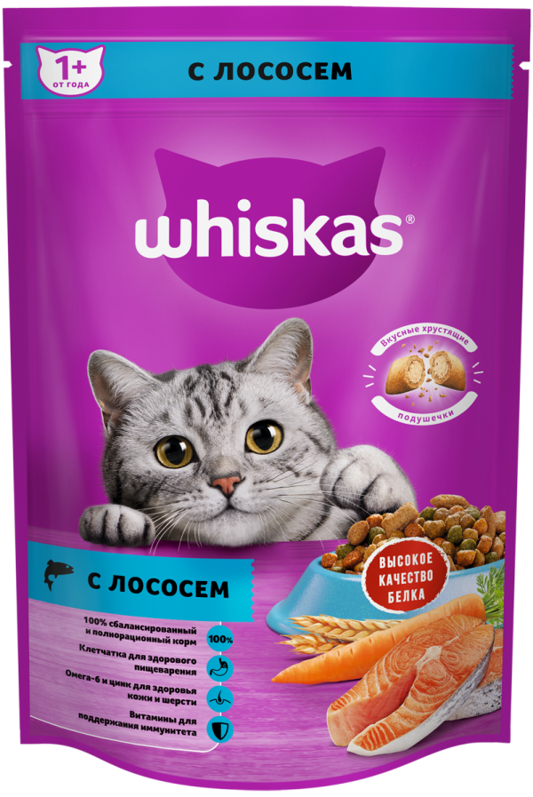WHISKAS Корм сухой полнорационный для взрослых кошек «Вкусные подушечки с нежным паштетом. Аппетитный обед с лососем»
