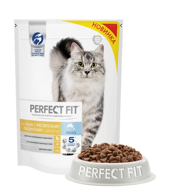 PERFECT FIT Корм сухой полнорационный "Лосось" для взрослых кошек с чувствительным пищеварением с лососем