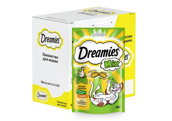 Dreamies Лакомство для кошек подушечки с мятой и курицей