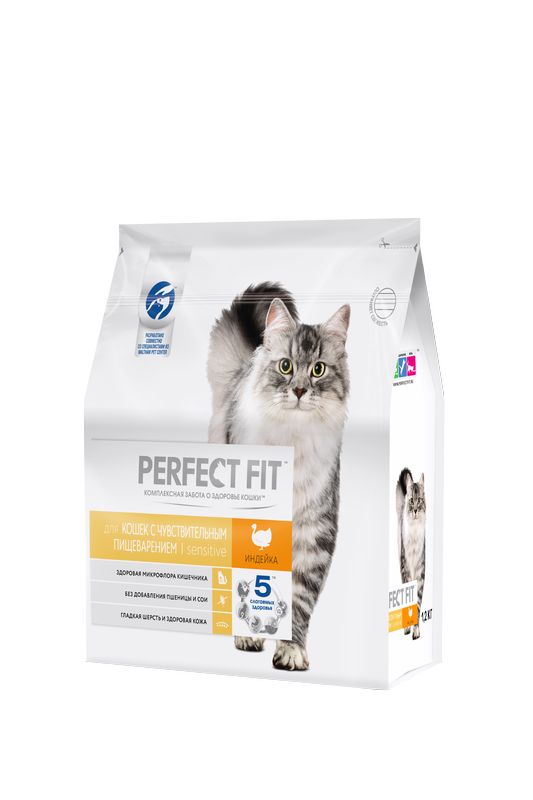 PERFECT FIT Корм сухой полнорационный "Индейка" для взрослых кошек с чувствительным пищеварением с индейкой
